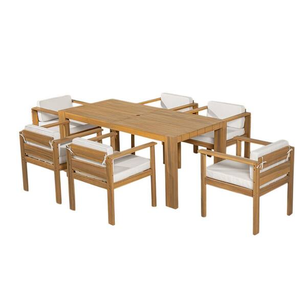 Light Teak 7-Piece Wood Outdoor Dining Set with Beige Cushions and Umbrella Hole for Garden, Backyard, and Poolside