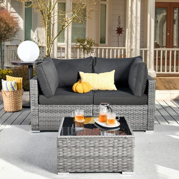 weaxty W Daffodil U Gray 3-Piece Wicker Patio Conversation Sofa Set with Black Cushions