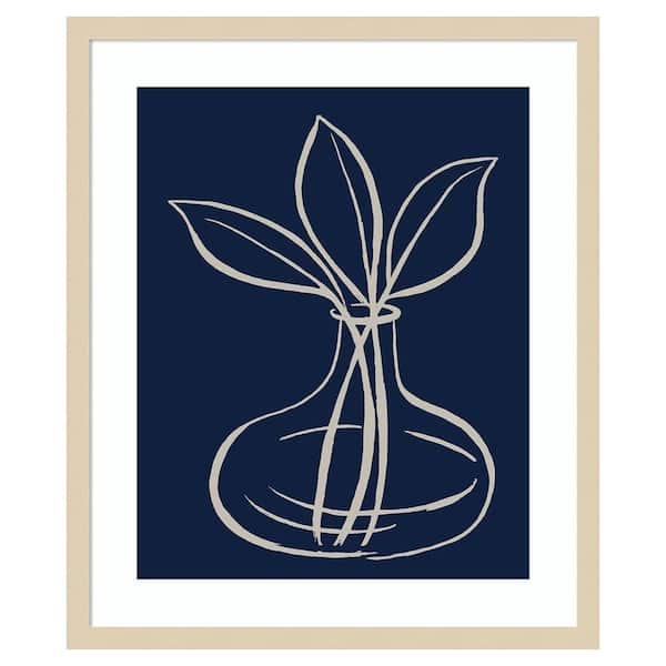 Amanti Art Line Leaves In Vase On Navy I by Elizabeth Medley 1 Piece Framed Giclee Abstract Art Print 25 in. x 21 in.