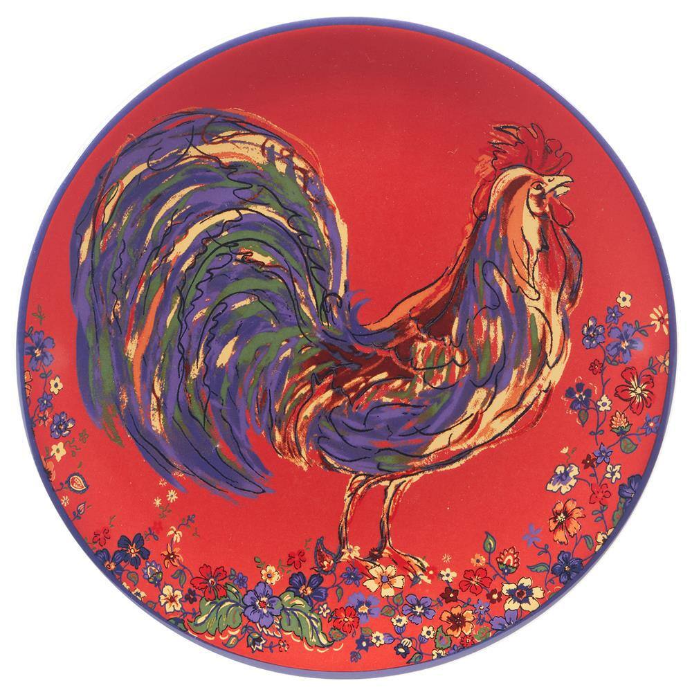 Vibrant Red Ceramic Rooster 9" Salad/Dessert Plates Set