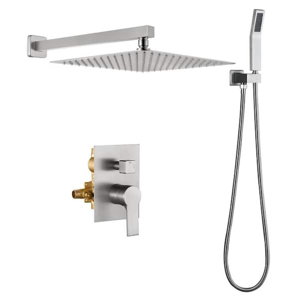 Single Handle 2-Spray Wall Mount 12 in. Square Shower Head with Hand Shower Faucet in Brushed Nickel (Valve Included)