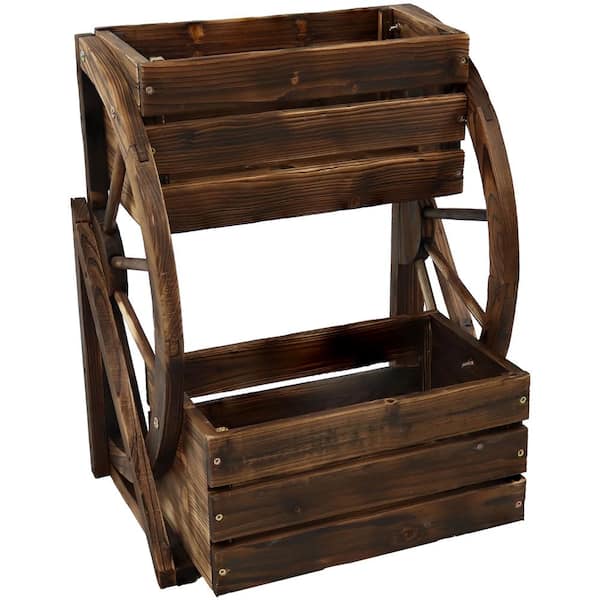 Sunnydaze 23.5 in. H, Rustic Wagon Wheel Plant Stand - Fir Wood 2-Tier