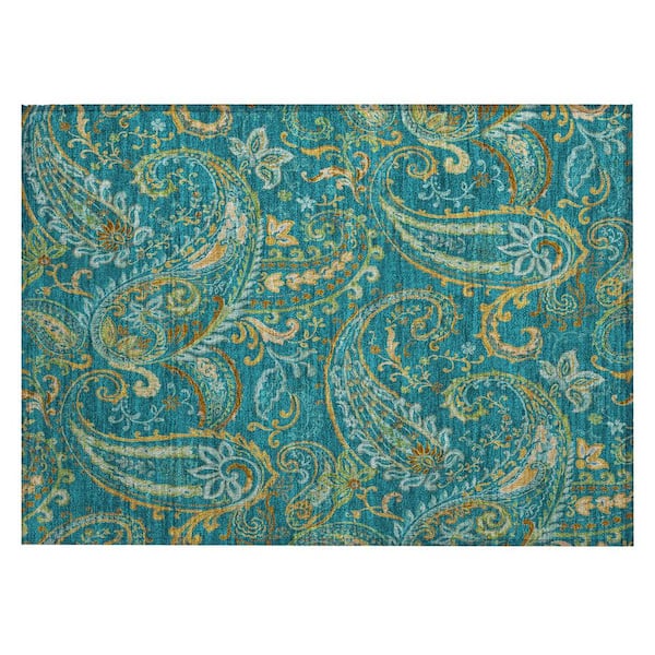 Teal 2 ft. x 3 ft. Woven Paisley Polyester Rectangle Indoor/Outdoor Area Rug