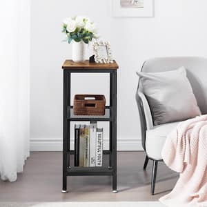 3-Tier Brown Side Table，Stable Open Book Shelves with Metal Frames, Rectangle End table，13.8"W x 21.6"D x 30"H，Set Of 2