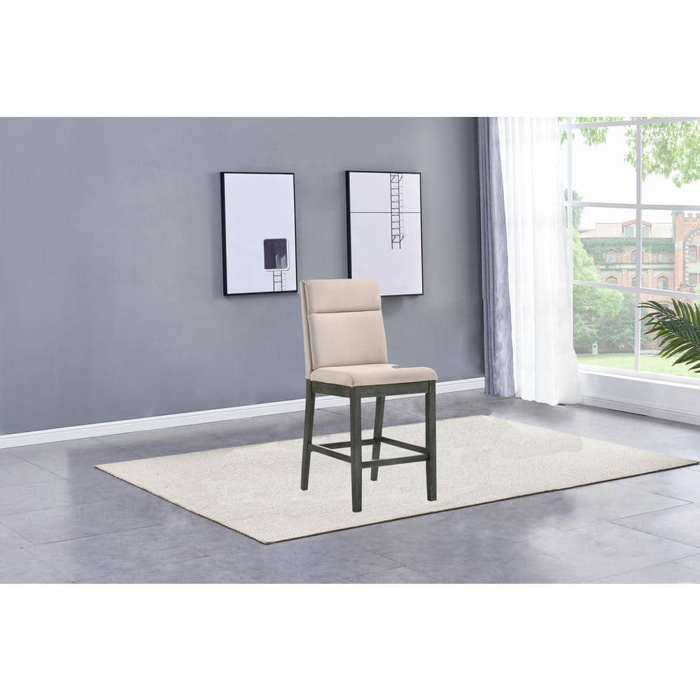 Beige Linen Upholstered High Back Side Chair with Wood Frame