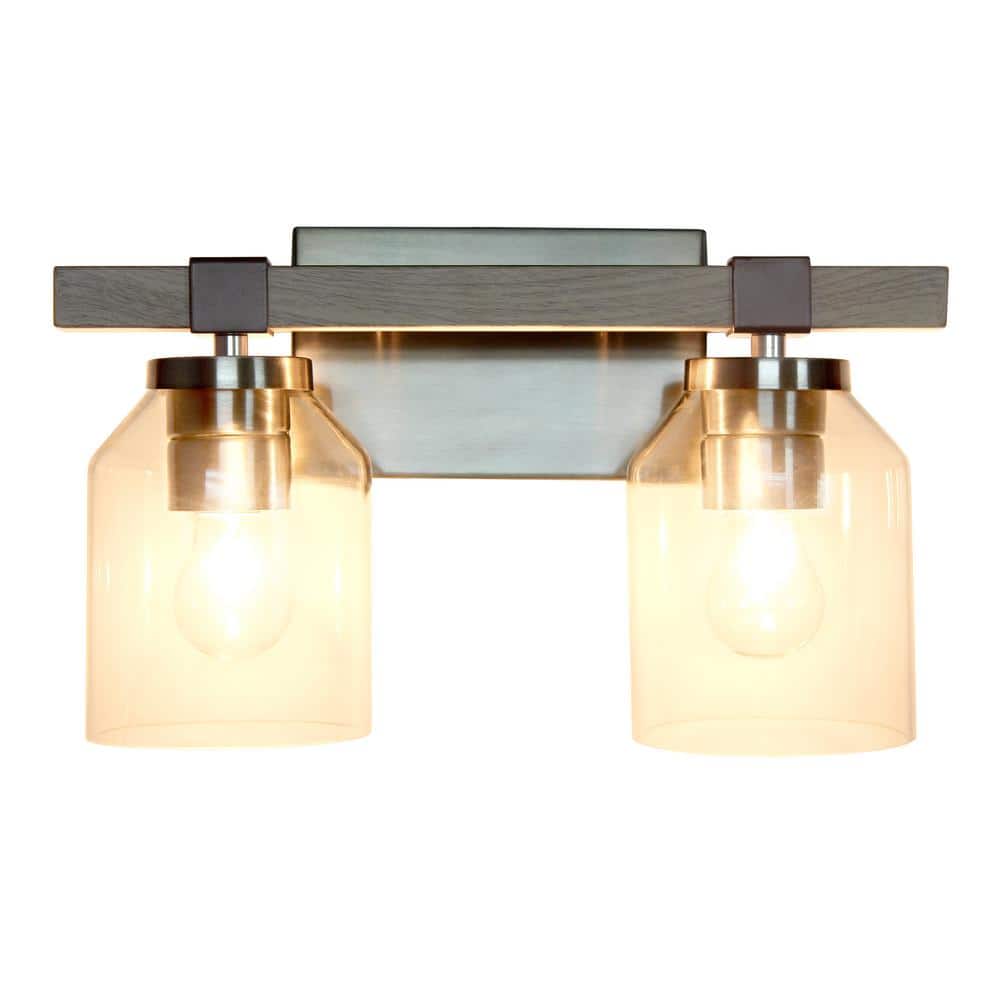 Gray and Nickel Rustic 2-Light Vanity Fixture with Clear Glass Shades