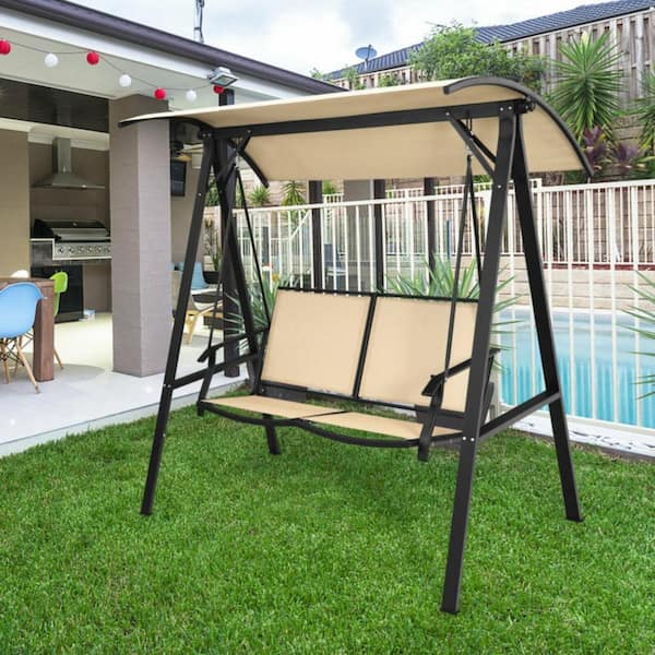 2 Person Steel Frame Porch Swing with Adjustable Canopy in Beige