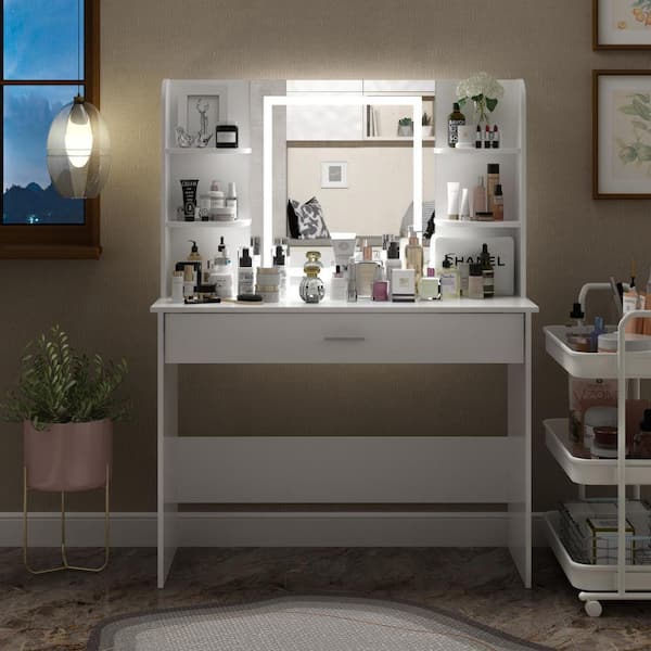 FUFU&GAGA White Wood LED Color Change Mirror Makeup Vanity Sets Dressing Table Sets with Drawer and Storage Shelves