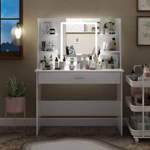 White Wood LED Color Change Mirror Makeup Vanity Sets Dressing Table Sets with Drawer and Storage Shelves