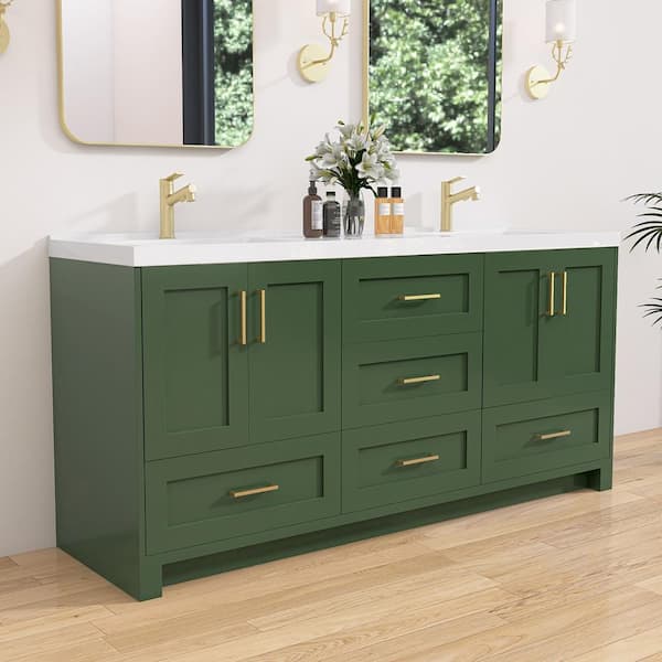 NTQ 72 in. W x 22 in. D x 36 in.H Bathroom Vanity Double Sink Freestanding Bath Vanity Cabinet in Green with White Resin Top