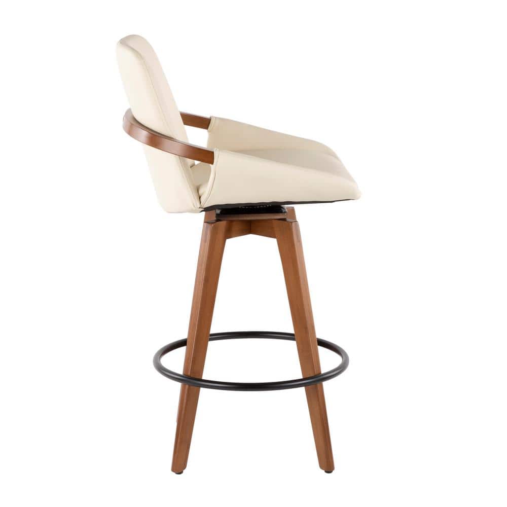 Cream Faux Leather Walnut Swivel Counter Stool