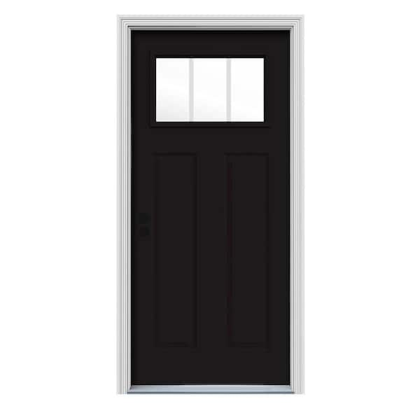 34 in. x 80 in. Black Right-Hand Inswing 3-Lite Craftsman Painted Steel Prehung Front Door