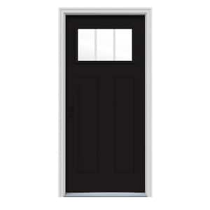 36 in. x 80 in. 3 Lite Craftsman Black Painted Steel Prehung Right-Hand Inswing Front Door w/Brickmould