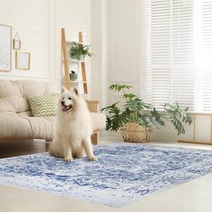 Himalayas Navy Creme 5 ft. 4 in. x 8 ft. Machine Washable Modern Floral Abstract Polyester Non-Slip Backing Area Rug