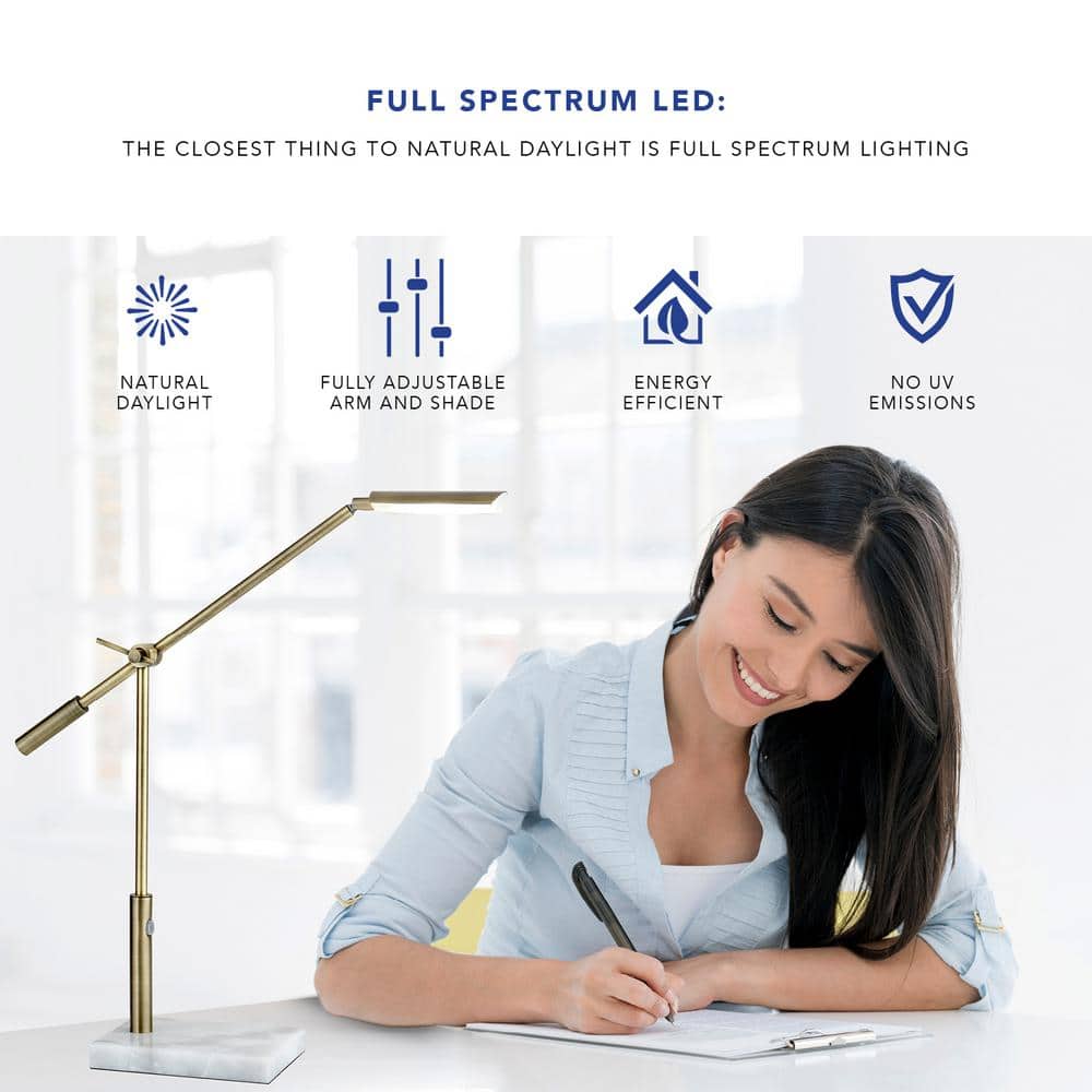 Antique Brass and White Marble Adjustable LED Desk Lamp