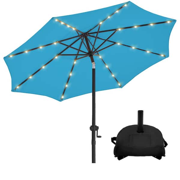 wikiwiki 9 ft. Solar LED Lighted Market Patio Umbrella with Base and Push Button Tilt in Sky Blue