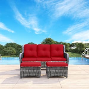 Wicker Outdoor Patio Sectional Sofa Set with Red Cushions and Ottoman