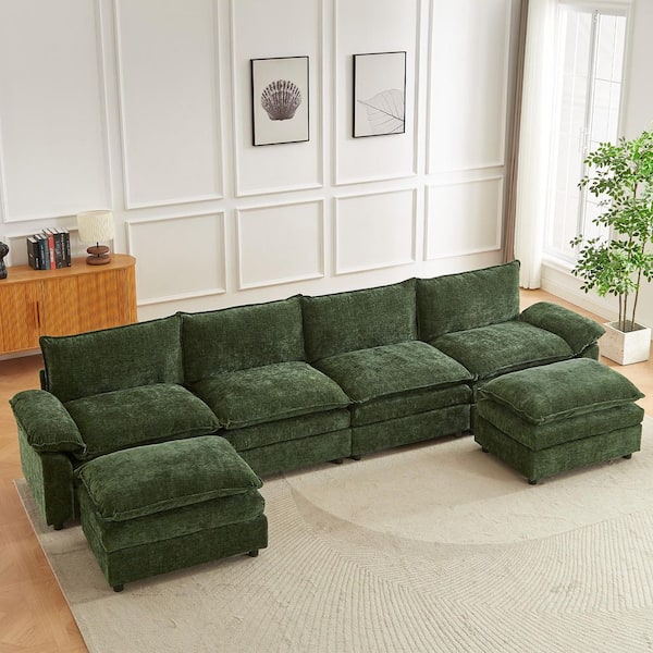 146.8 in. Square Arm U-Shaped Chenille Deluxe Pillow-Styled Modular Sectional Sofa in. Green with 2 Ottoman