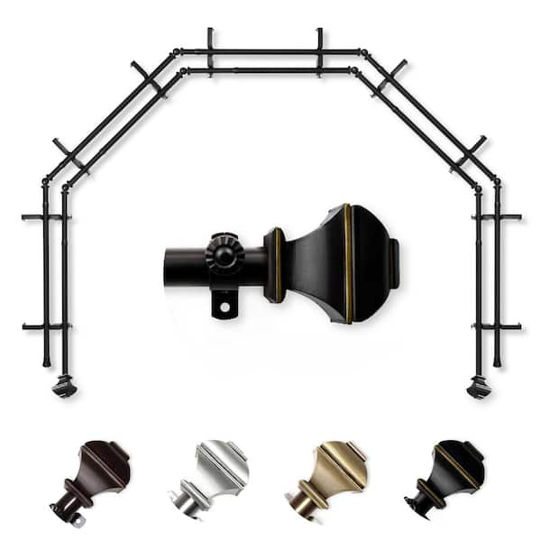 EMOH 13/16" Dia Adjustable 5-Sided Double Bay Window Curtain Rod 28 to 48" (each side) with Julianne Finials in Black