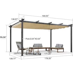 12 ft. x 16 ft. Beige Pergola with Retractable Canopy Aluminum Shelter for Porch Garden Beach Sun Shade