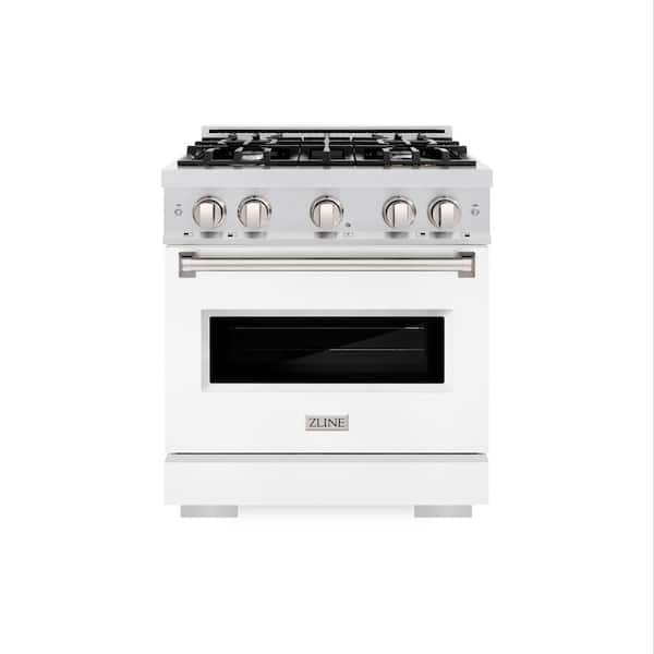 ZLINE Kitchen and Bath 30 in. Classic Gas Range with 4 Burner Cooktop and Convection Gas Oven in Satin Stainless Steel with White Matte Door