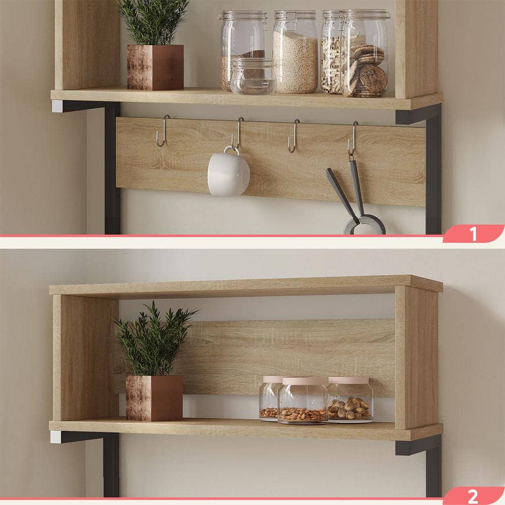 Light Oak Adjustable 5-Tier Kitchen Rack with Hooks