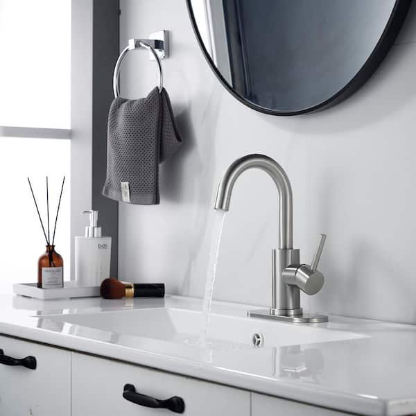 Single-Handle Single Hole Swivel Spout Bathroom Faucet Vanity Sink Faucet with Deck Plate Drain Kit in Brushed Nickel