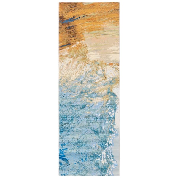 Barbados Blue/Gold 3 ft. x 10 ft. Runner Gradient Waves Indoor/Outdoor Area Rug