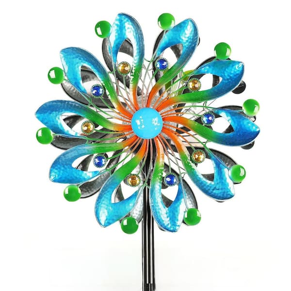 75 in. H Garden Kinetic Art with Solar Powered Wind Spiral Multi-Color Glass Ball Light-Navy Blue