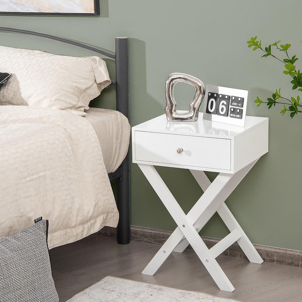 25.5 in. H x 18 in. W x 13.5 in. D White Side Nightstand with Drawer x Shaped Structure Accent Sofa End Table