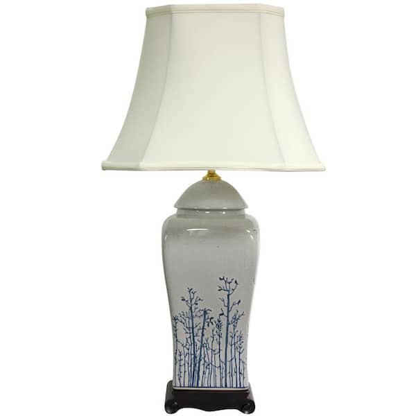 26 in. x 14 in. Blue and White Spring Forest Porcelain Vase Lamp
