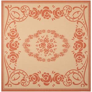 Courtyard Natural/Terracotta 8 ft. x 8 ft. Square Floral Indoor/Outdoor Patio  Area Rug