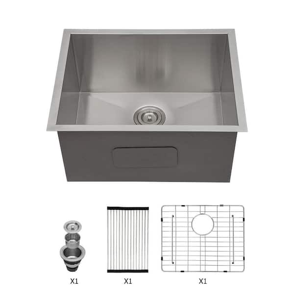 21 in. Undermount Single Bowl 16-Gauge Brushed Nickel Stainless Steel Kitchen Sink with Bottom Grids