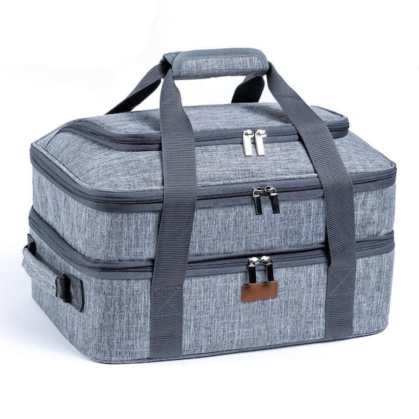 Insulated Double-Decker Carrier Set Gray Expandable Casserole Dish Tote with Heat-Resistant Mat for Hot Cold Food