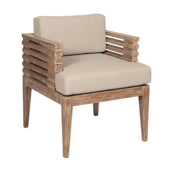 Benjara Hida Brown Wood Outdoor Dining Chair with Taupe Cushion