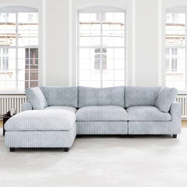 Oversized 118 in. Square Arm Plush Velvet L-Shaped Modular Sofa Lawson Cloud Couch with Ottoman, Washable Covers in Gray