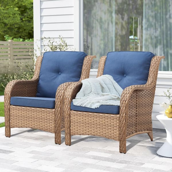 Yellow Wicker Outdoor Lounge Chair, Patio Wicker Chairs with Blue Cushions and High Back and Curved Armrest (2-Pack)