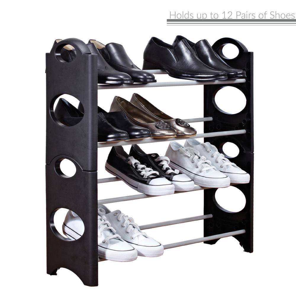 Black Stackable Metal and Plastic 4-Tier Shoe Rack