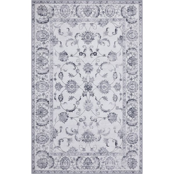 Arabella Vintage Floral Border Machine-Washable Ivory/Gray 8 ft. x 10 ft. Area Rug