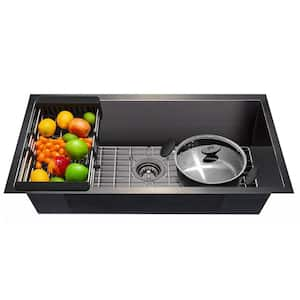 32 in. Undermount Single Bowl Gunmetal Matte Black Stainless Steel Kitchen Sink with Bottom Grid and Drying Rack