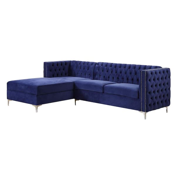 Benjara 108 in. Straight Arm 2-Piece Fabric L Shaped Sectional Sofa in Blue with Button Tufted Details