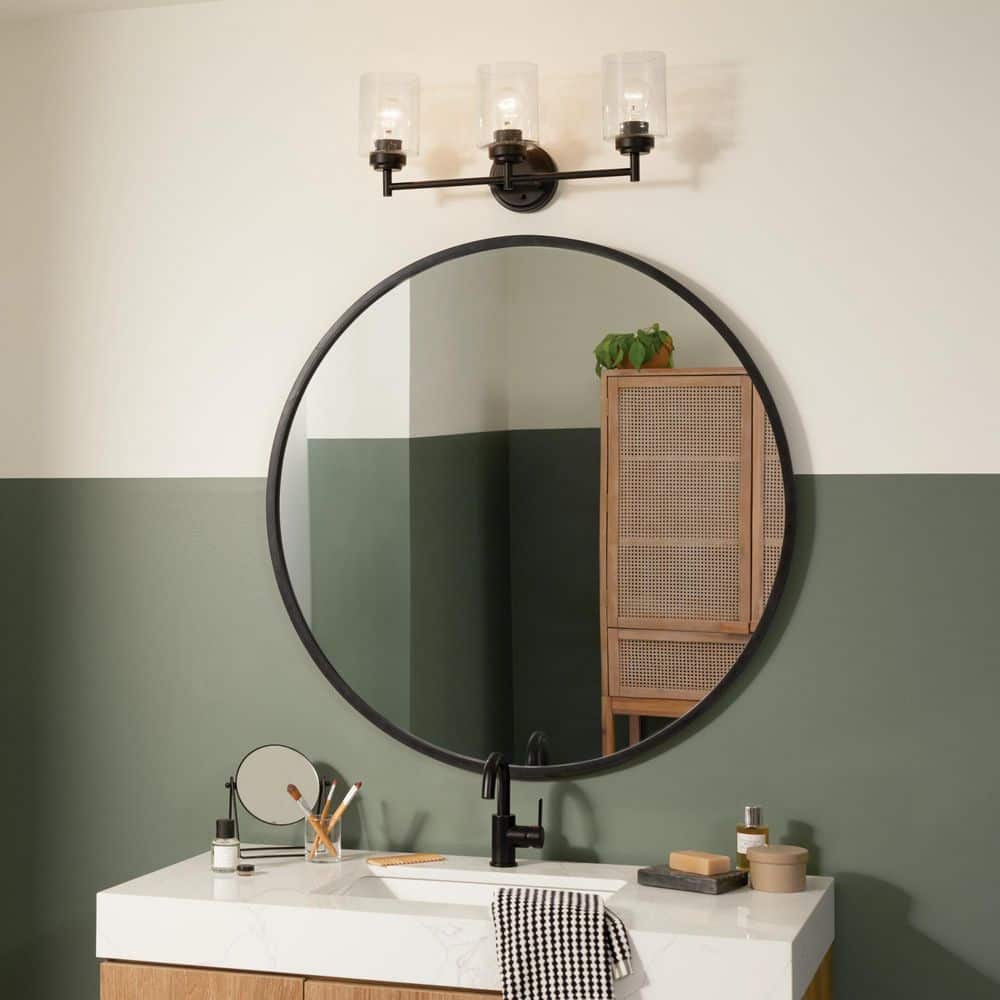 Black 3-Light Vanity Light with Clear Seeded Glass Shades
