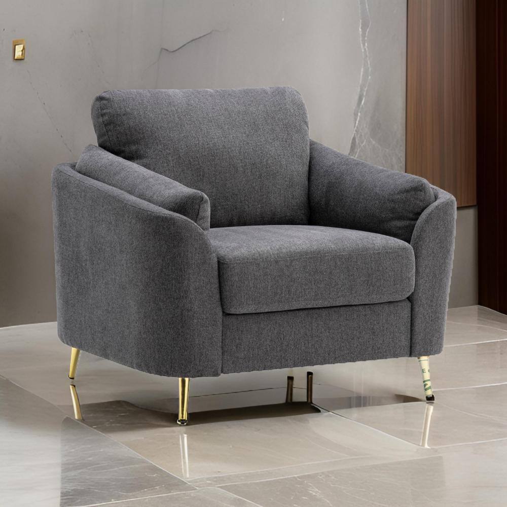 Benjara Gray and Gold Polyester Arm Chair with Gold Metal Legs and