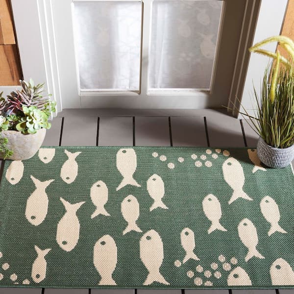 Courtyard Dark Green/Ivory 2 ft. x 4 ft. Novelty Fish Indoor/Outdoor Area Rug