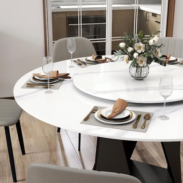 59 in. Black Round Sintered Stone Tabletop Black Pedestal Base Kitchen Dining Table (Seats-8)