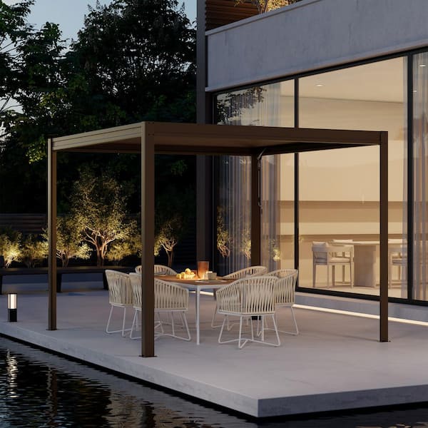 Celestia 10 ft. x 10 ft. Brown Aluminum Frame Outdoor Patio Louvered Pergola with Adjustable Shade Roof