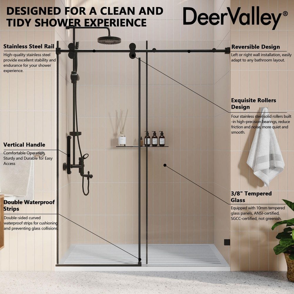 Concord Black Frameless Sliding Shower Door with Tempered Glass