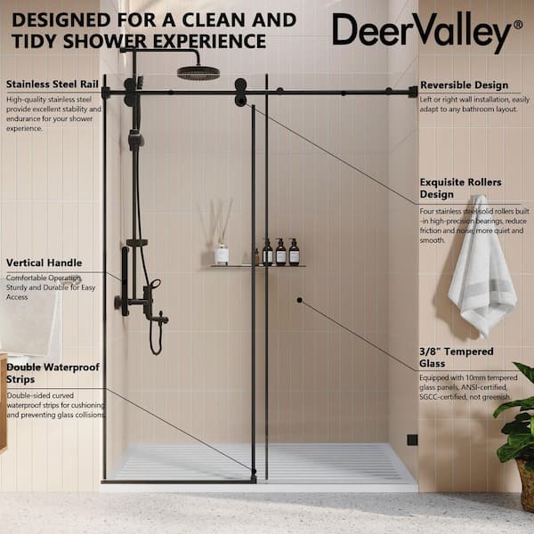 60 in. W x 76 in. H Sliding Frameless Shower Door in Black with 3/8 in. (10mm) Clear Glass