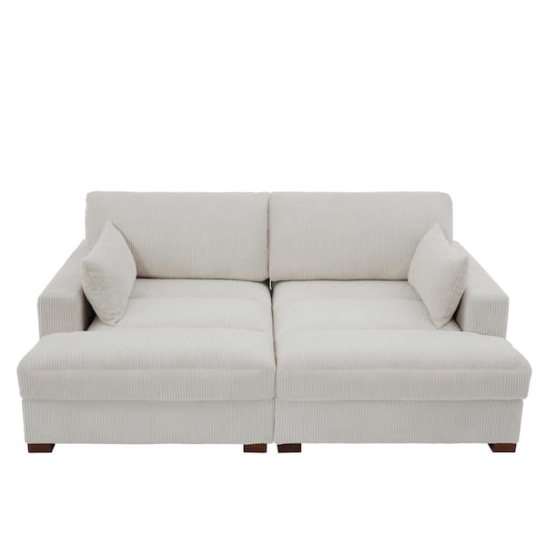 Uixe 83.9 in. Modern Square Arm Corduroy Fabric Upholstered Sectional Sofa in. Sea Salt Gray with 2-Pillows and Wood Leg
