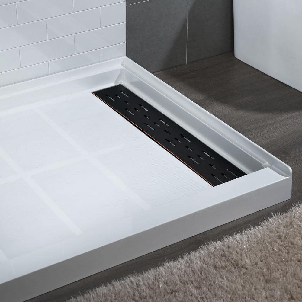 60" x 36" White Solid Surface Shower Pan Base with Oil Rubbed Bronze Drain Cover